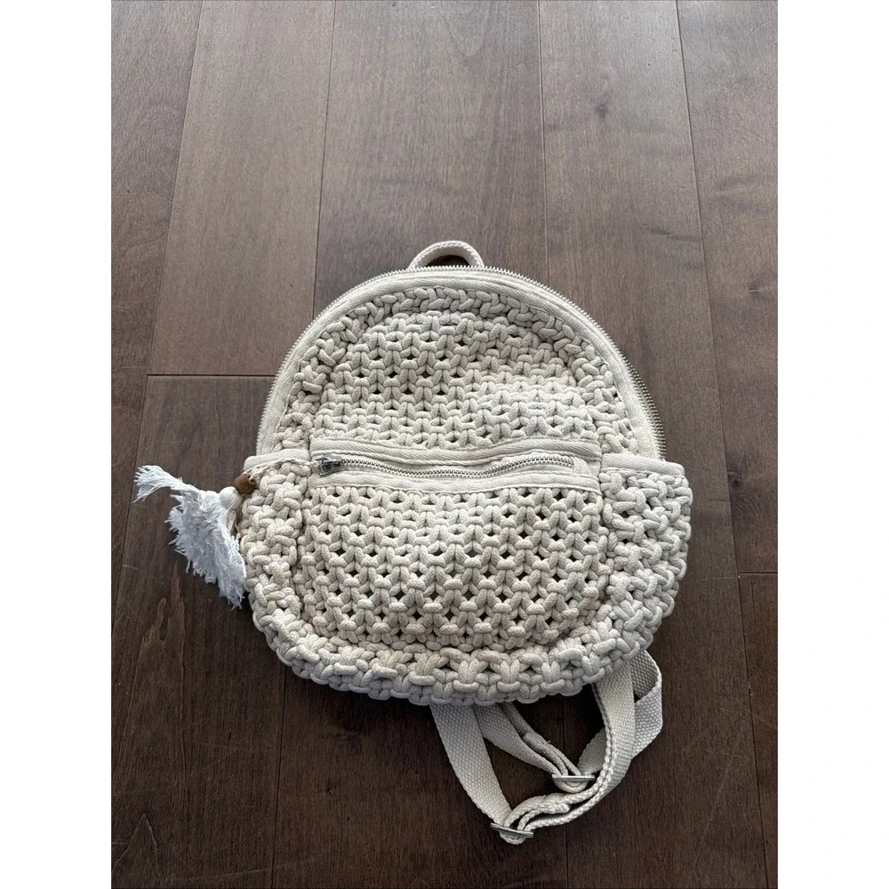 Sigrid Olsen White Beaded Macrame Backpack Purse Boho Used